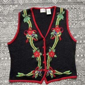 Kathie Lee Woman Vintage Poinsettia Christmas Sweater Vest 18W/20W Embroidered